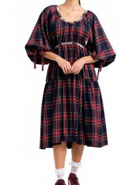 ELIZA FAULKNER Free People Josie dress navy plaid tiered midi Puff Sleeve Bows